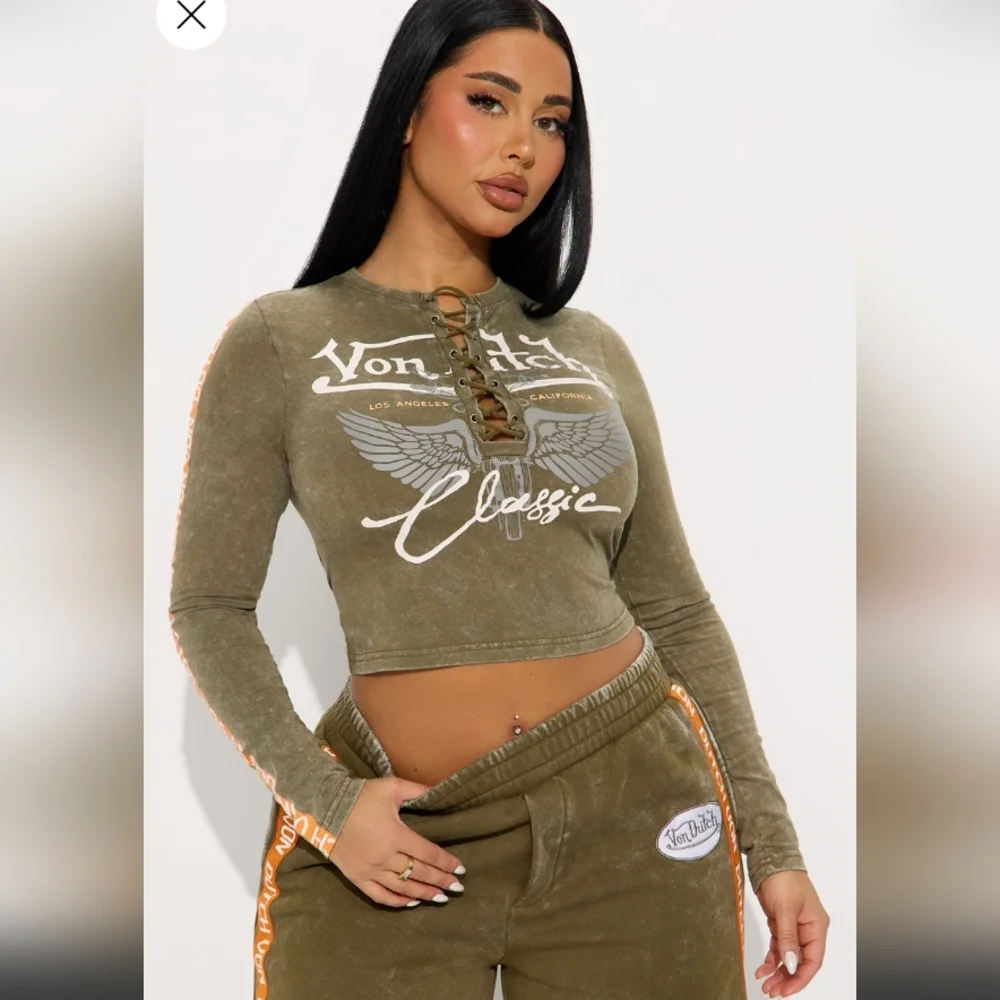 NWT Von Dutch Olive Green 2-Piece Set – 'Classic' Crop Top & Side-Stripe Joggers - Picture 1 of 6